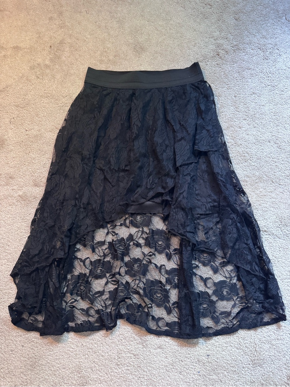 Black Lace High-Low Skirt with Elastic Waistband